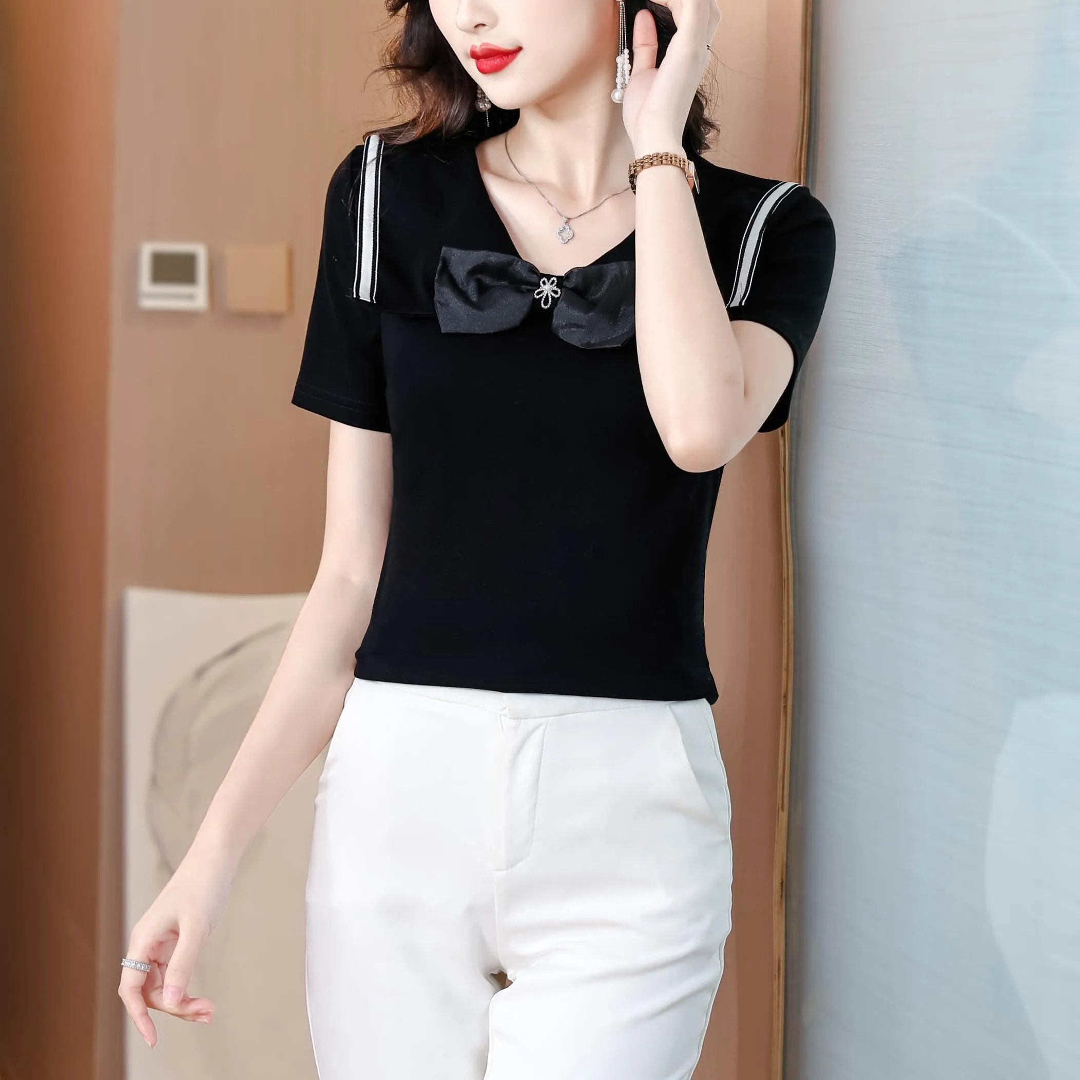 Women's Fitted T-Shirt Featuring a Chic Bow Tie Neckline