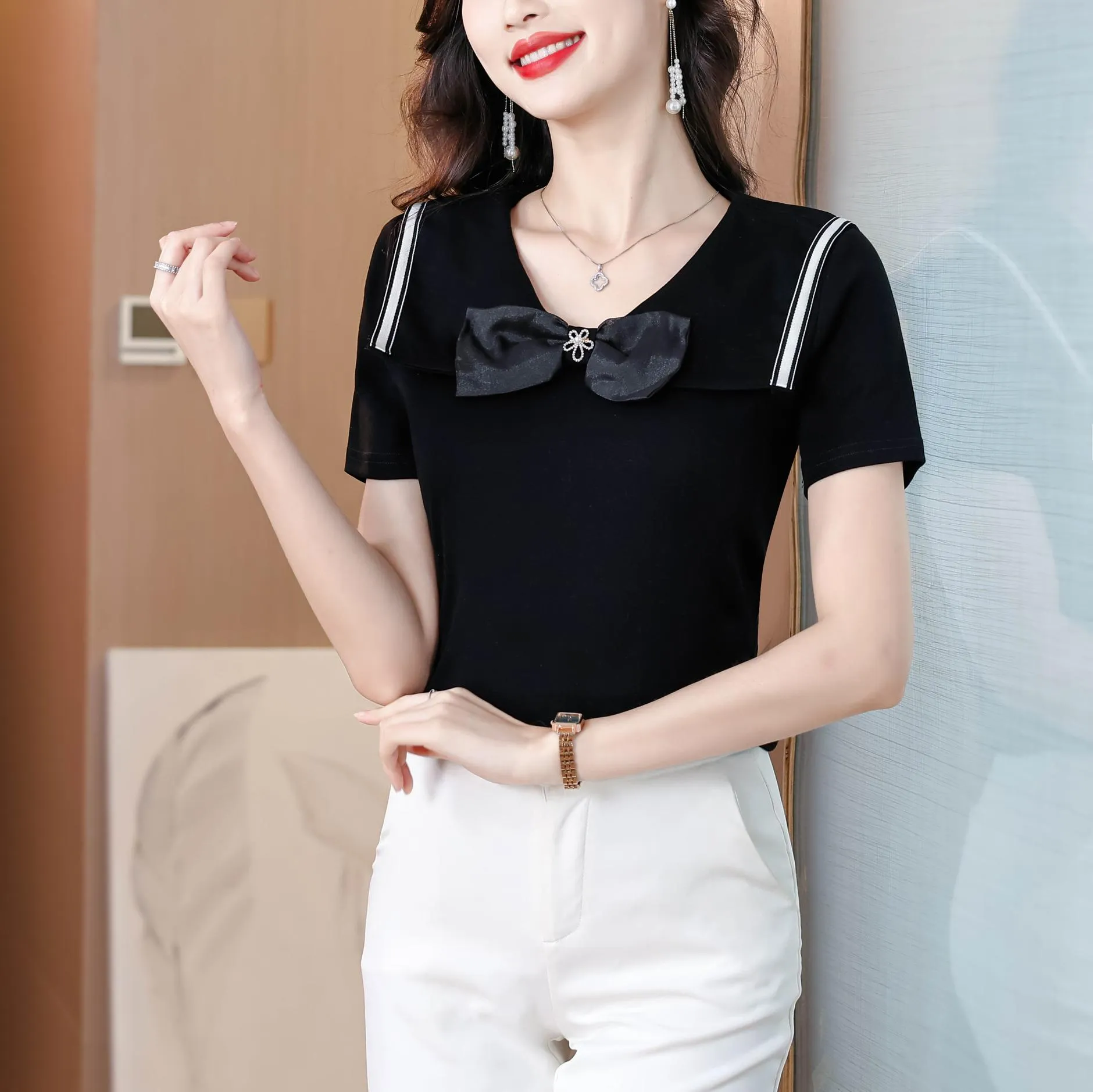 Women's Fitted T-Shirt Featuring a Chic Bow Tie Neckline