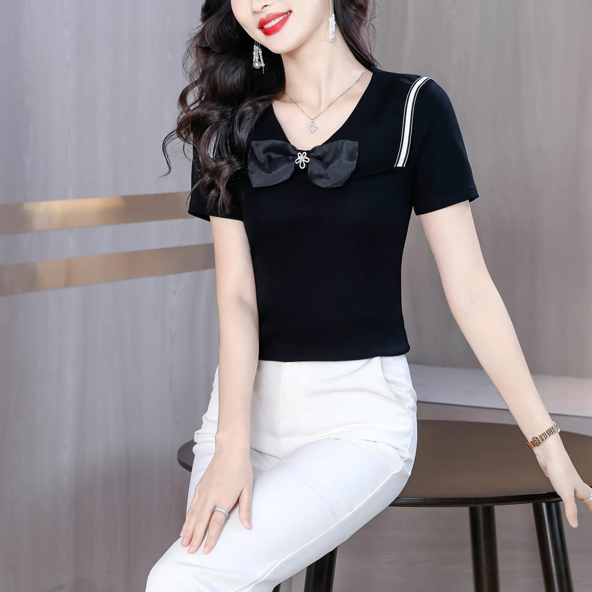 Women's Fitted T-Shirt Featuring a Chic Bow Tie Neckline