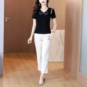 Women's Fitted T-Shirt Featuring a Chic Bow Tie Neckline