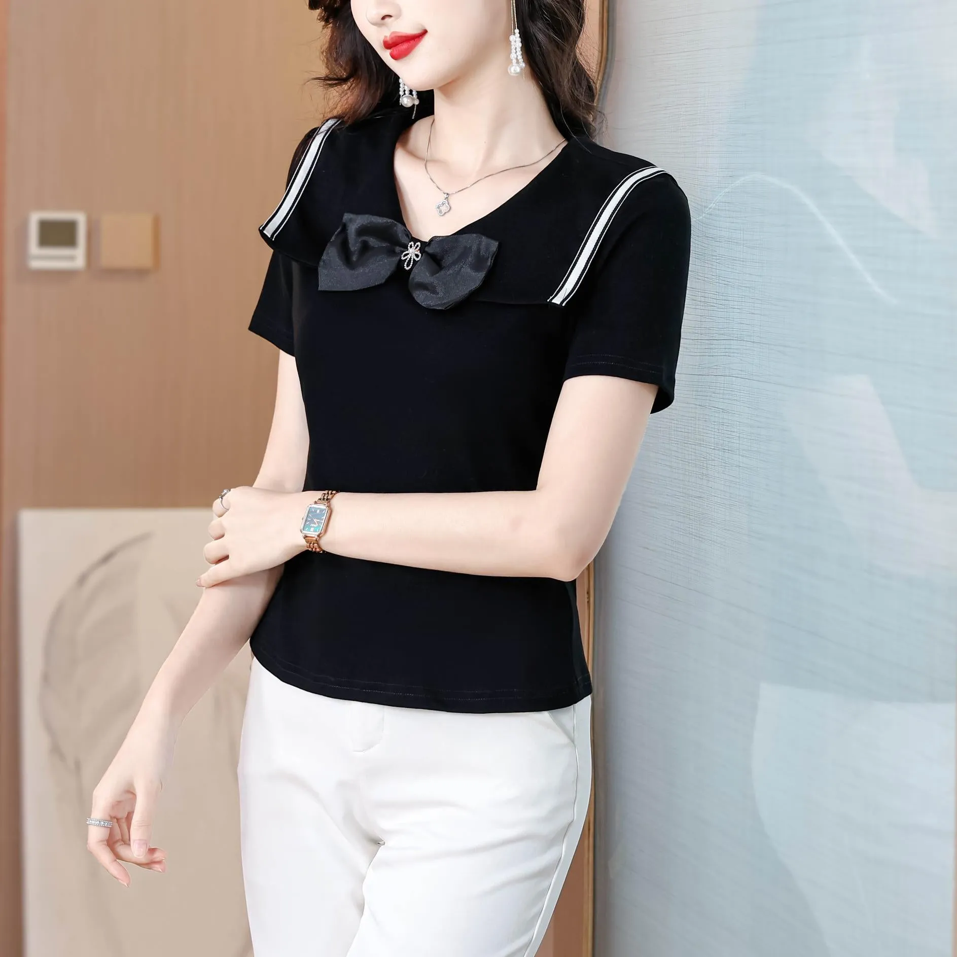 Women's Fitted T-Shirt Featuring a Chic Bow Tie Neckline