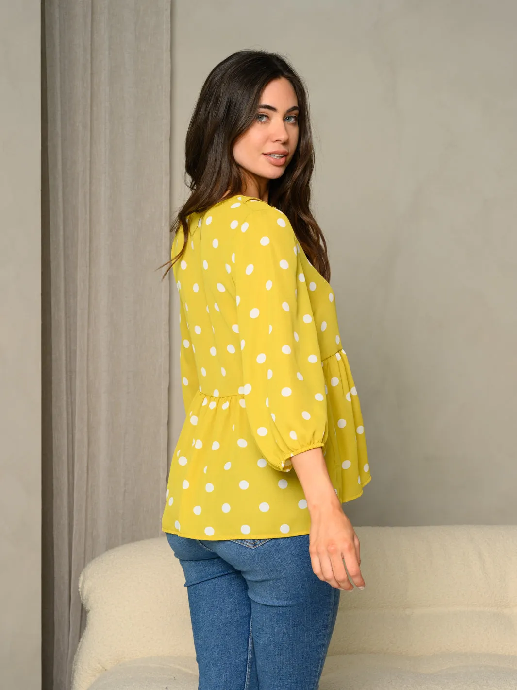WOMEN'S FRILL V-NECK POLKA DOT PRINT BUBBLE 3/4 SLEEVE BABYDOLL TOP
