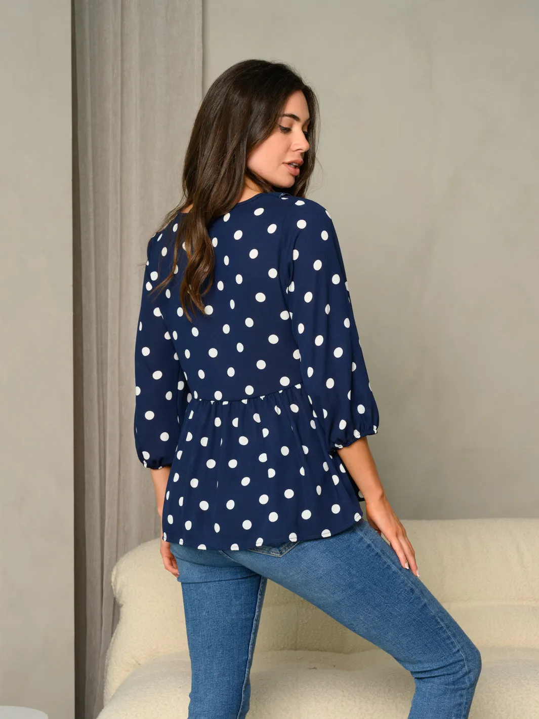 WOMEN'S FRILL V-NECK POLKA DOT PRINT BUBBLE 3/4 SLEEVE BABYDOLL TOP