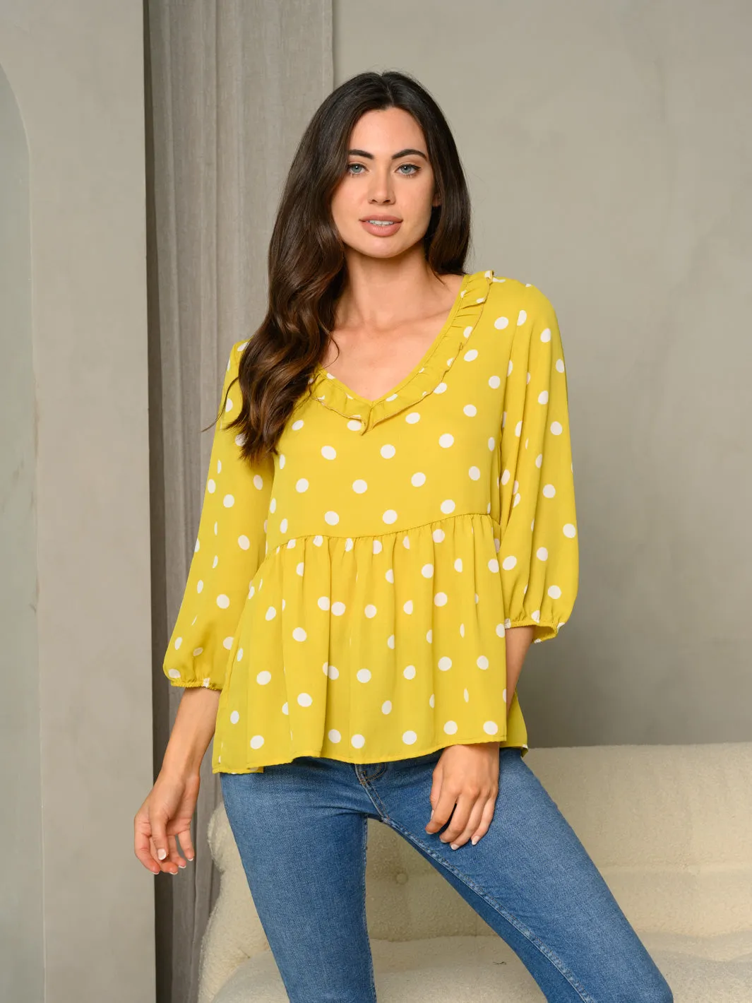 WOMEN'S FRILL V-NECK POLKA DOT PRINT BUBBLE 3/4 SLEEVE BABYDOLL TOP
