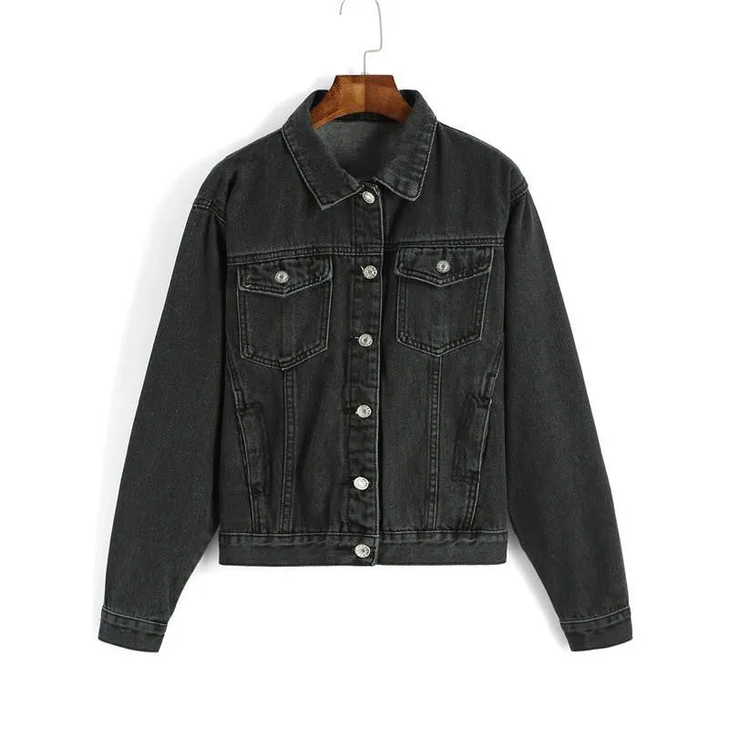 Women's High Street Fashion Black Long Sleeve Lapel Single Breasted Pockets Denim Jacket