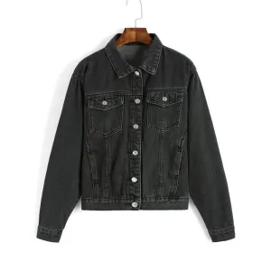 Women's High Street Fashion Black Long Sleeve Lapel Single Breasted Pockets Denim Jacket