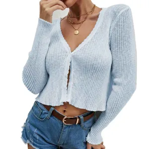 Women's Long Sleeve Cropped Cardigan V Neck Solid Button Down Knit Bolero Shrugs K290