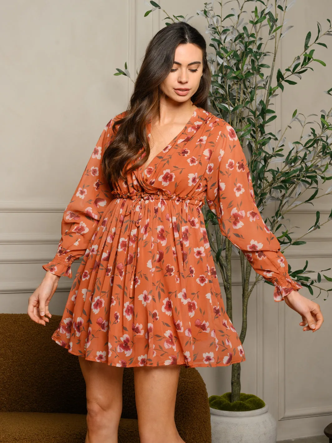 WOMEN'S LONG SLEEVE FLORAL PRINT MINI DRESS