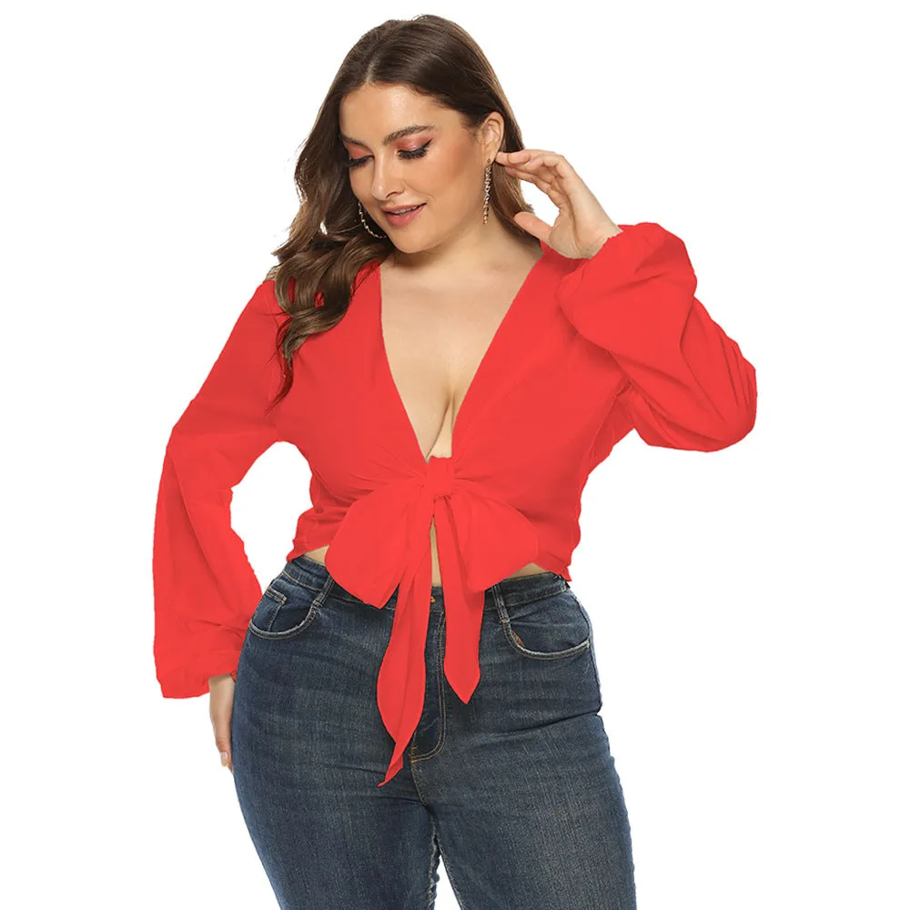 Women's Low V Neck Crop Top with Long Sleeves and Bow Tie Waist