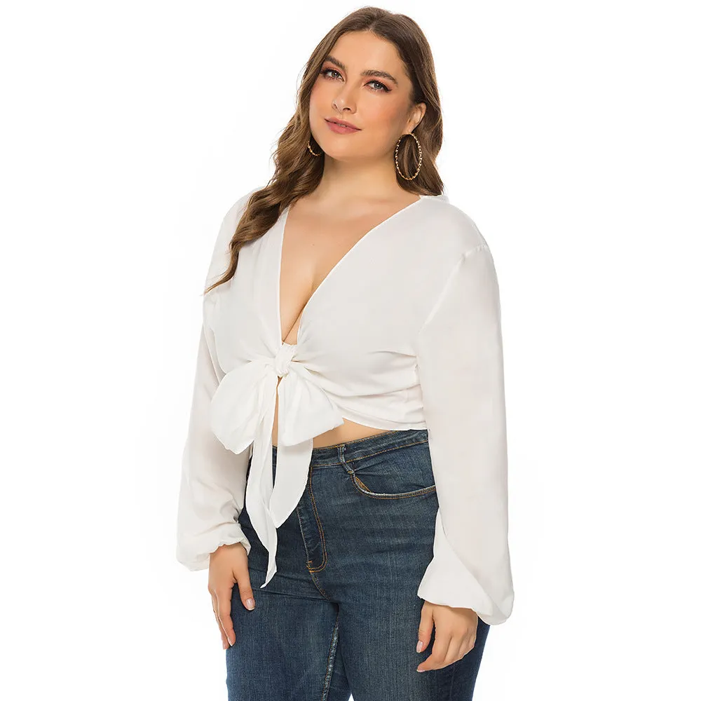 Women's Low V Neck Crop Top with Long Sleeves and Bow Tie Waist