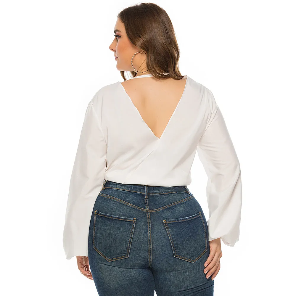 Women's Low V Neck Crop Top with Long Sleeves and Bow Tie Waist