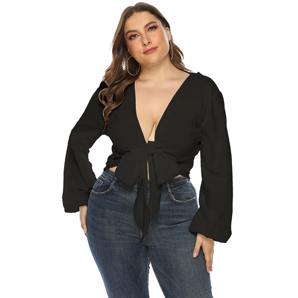 Women's Low V Neck Crop Top with Long Sleeves and Bow Tie Waist