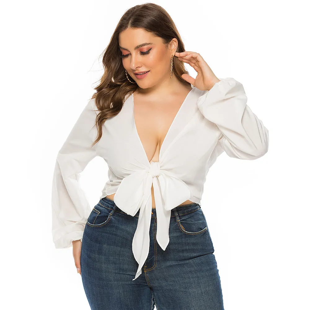 Women's Low V Neck Crop Top with Long Sleeves and Bow Tie Waist