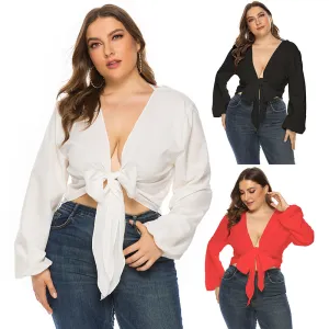 Women's Low V Neck Crop Top with Long Sleeves and Bow Tie Waist