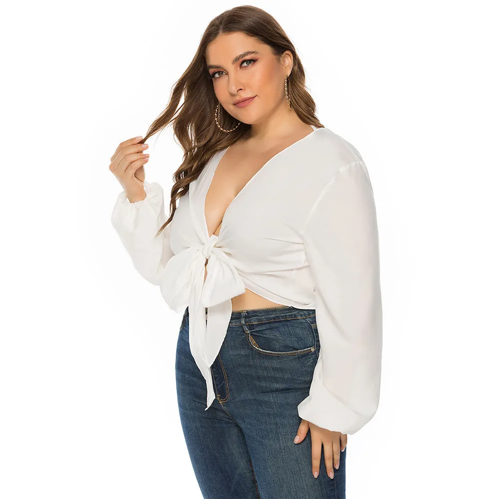 Women's Low V Neck Crop Top with Long Sleeves and Bow Tie Waist