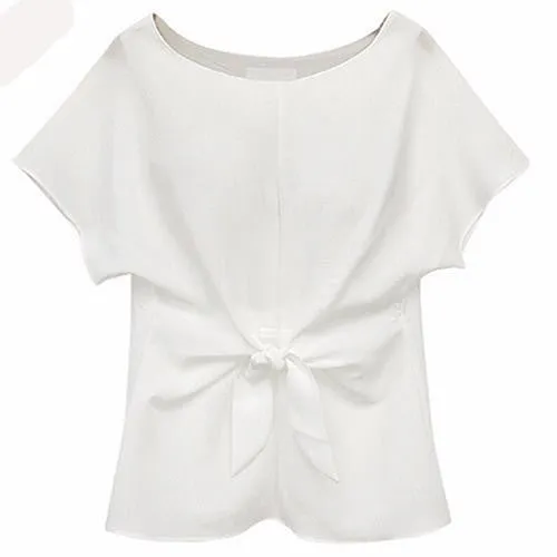 Women's Oversized Short Sleeve Crewneck Tie Front Bow Chiffon Blouse Tops