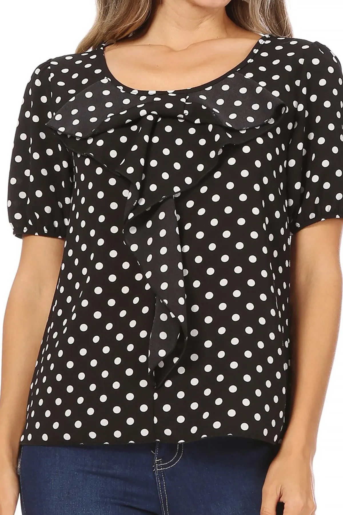 Women's Polka Dot U-Neck Top with Ruffle Trim Bishop Sleeves Blouse