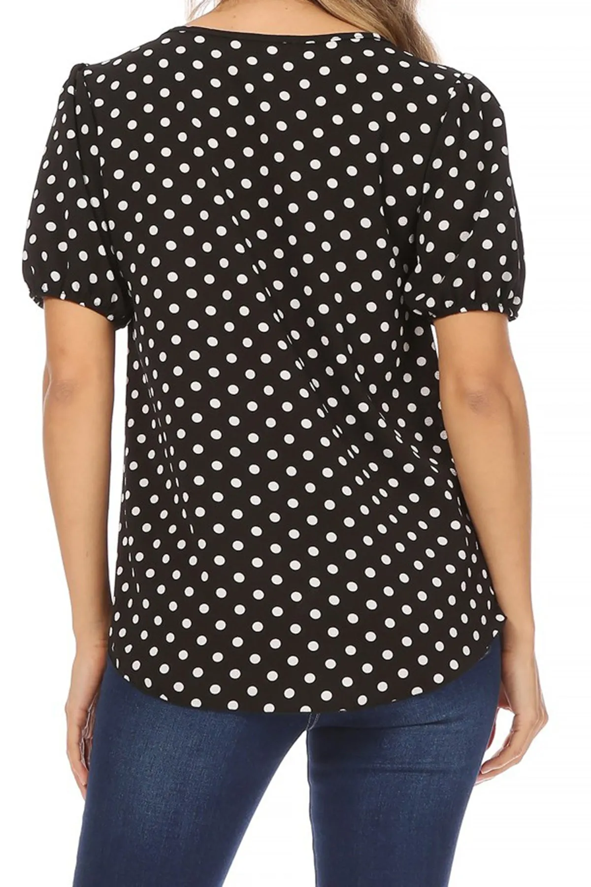Women's Polka Dot U-Neck Top with Ruffle Trim Bishop Sleeves Blouse