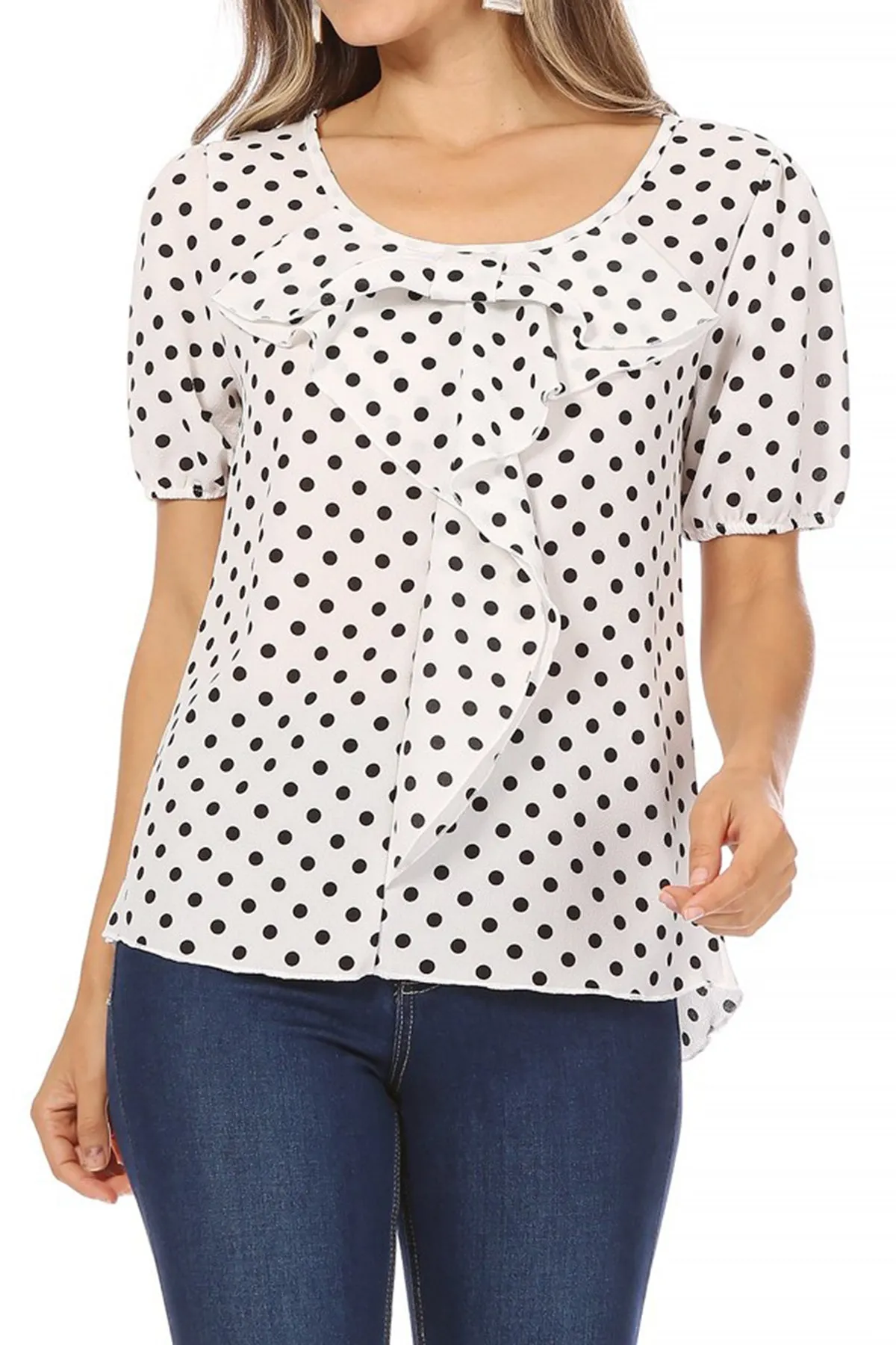 Women's Polka Dot U-Neck Top with Ruffle Trim Bishop Sleeves Blouse