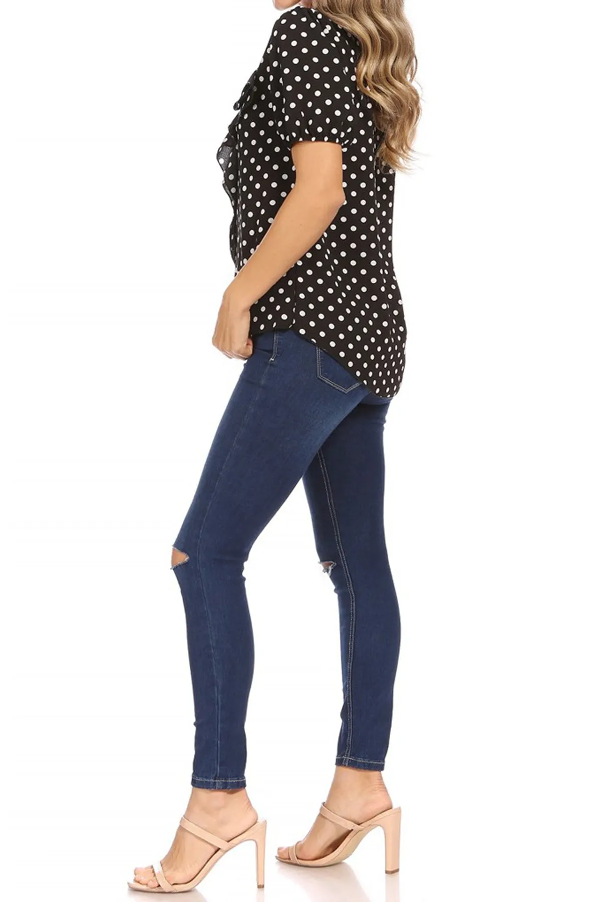 Women's Polka Dot U-Neck Top with Ruffle Trim Bishop Sleeves Blouse
