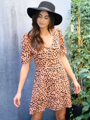 WOMEN'S ROUCHING SLEEVE ANIMAL PRINT MINI DRESS