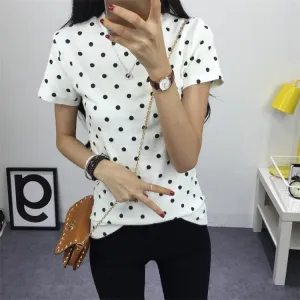 Women's Summer T-Shirt Clothes Shirt O-neck Polka Dotted Short Tops Bottoming Tops