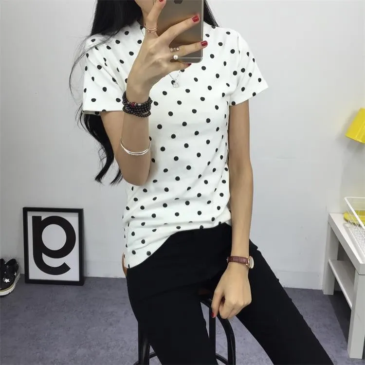 Women's Summer T-Shirt Clothes Shirt O-neck Polka Dotted Short Tops Bottoming Tops