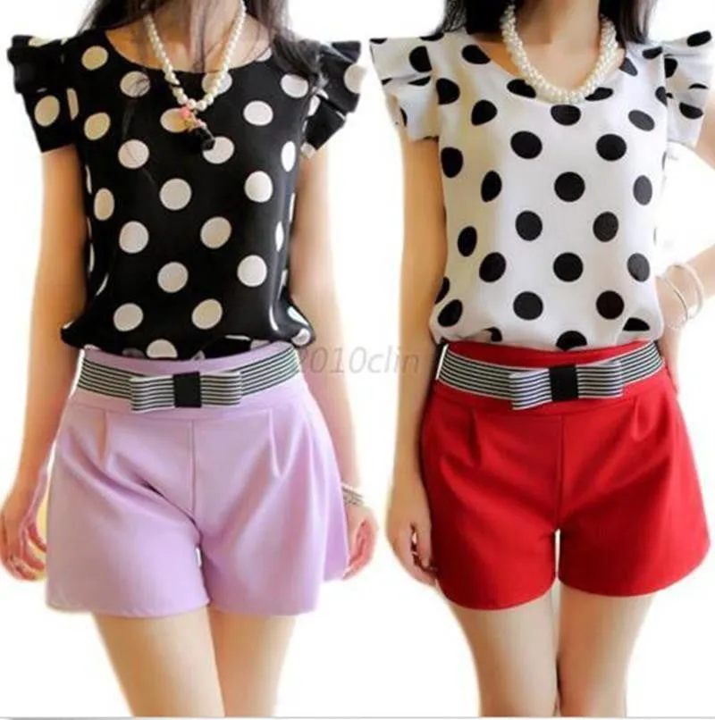 Women's Tops Casual Chiffon Blouse Short Sleeve Tourism Shirt Polka Dot shirts