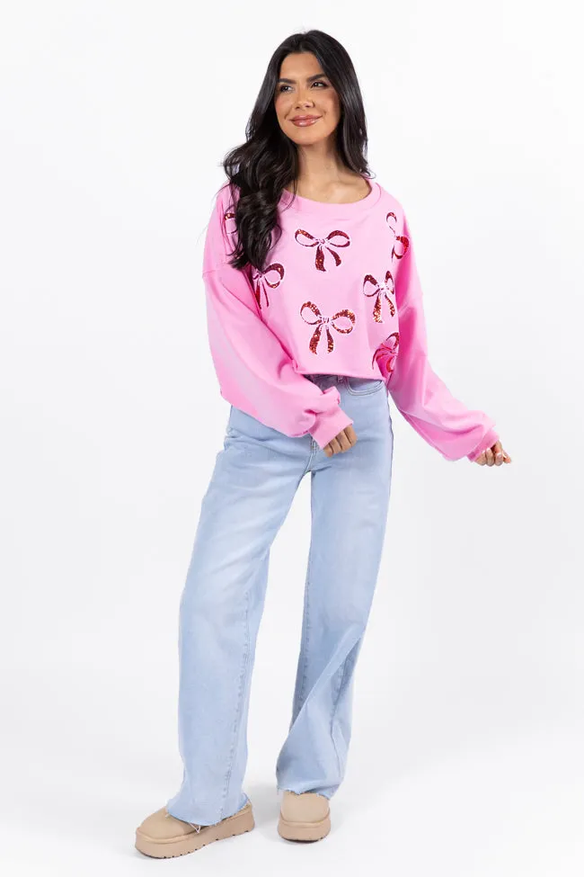Wrapped Around My Finger Bow Sequin Patch Pink Cropped Sweatshirt FINAL SALE