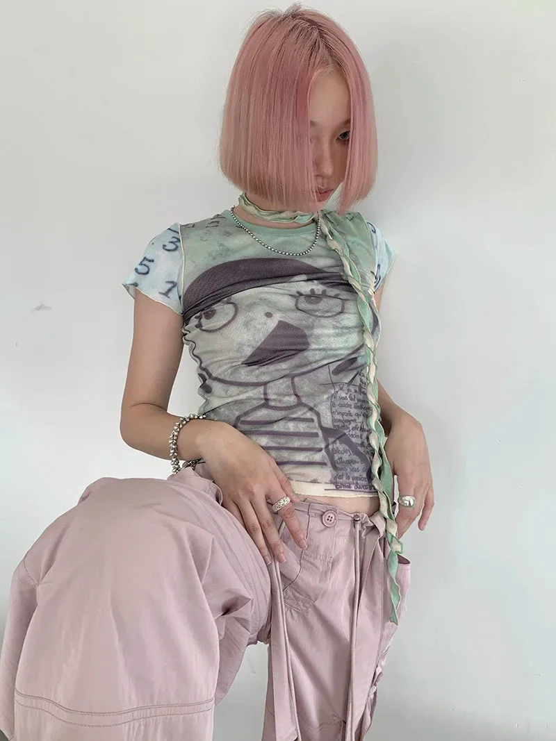 Y2K Cartoon Girl Mesh Top