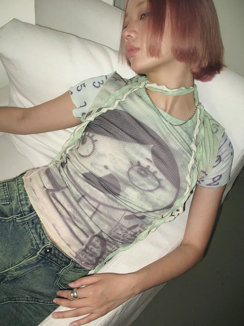 Y2K Cartoon Girl Mesh Top