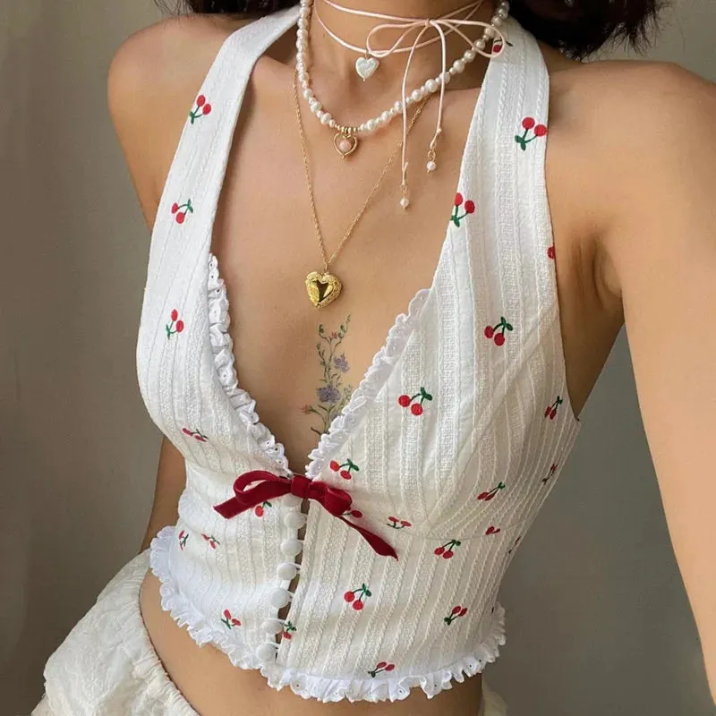 Y2K Cherry Halter Neck Top