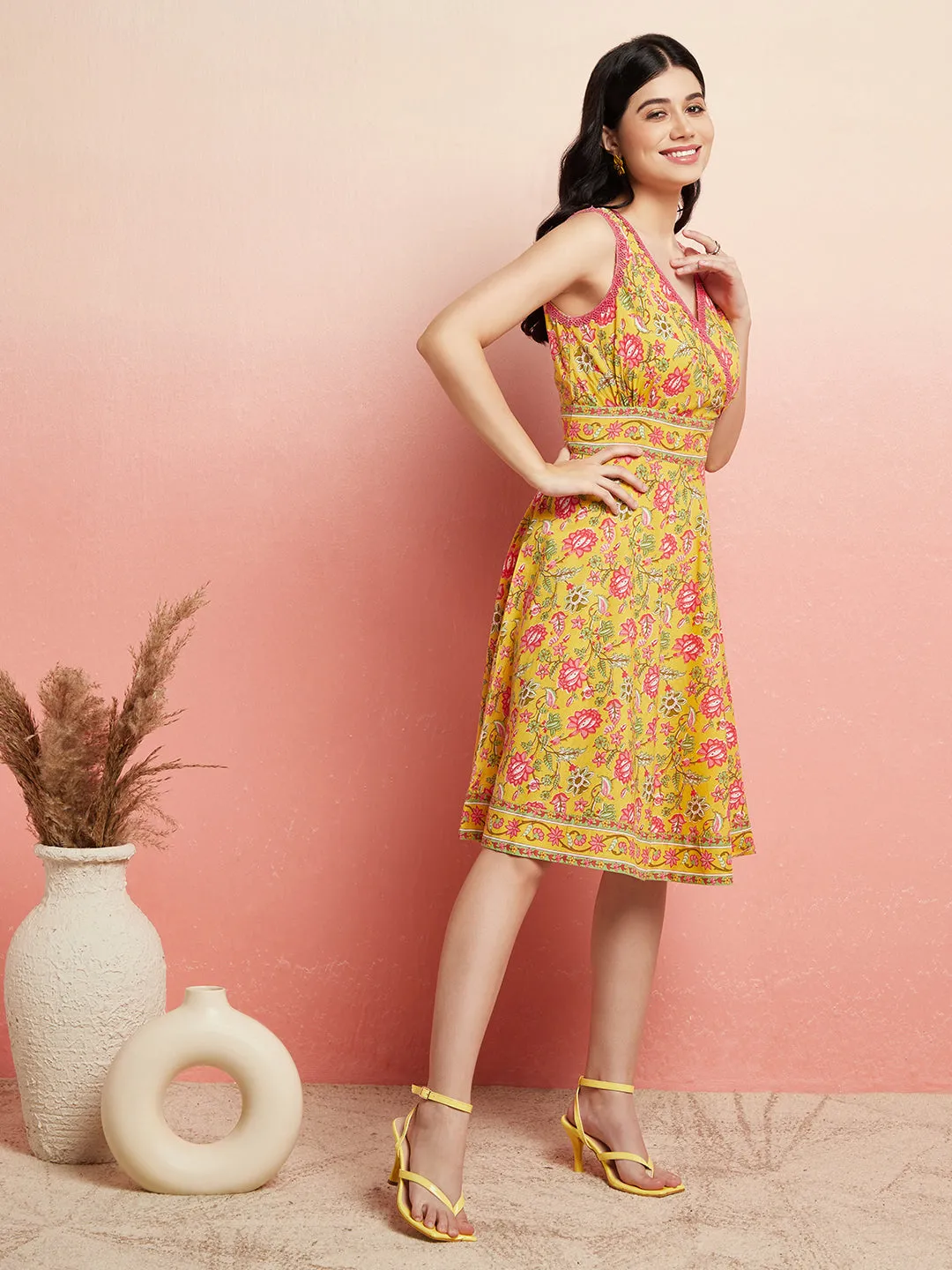 Yellow Floral Print A-Line Dress