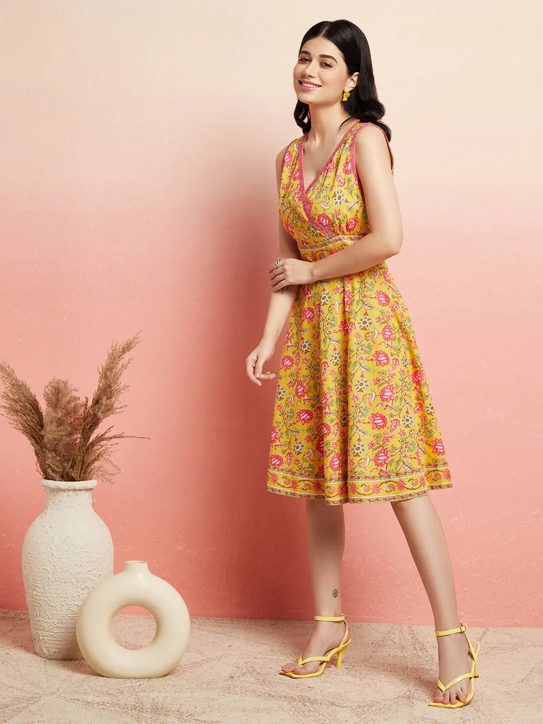 Yellow Floral Print A-Line Dress