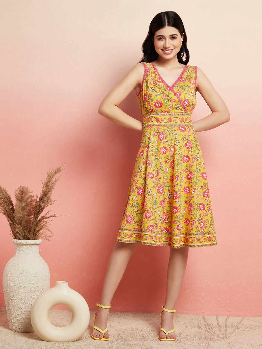Yellow Floral Print A-Line Dress